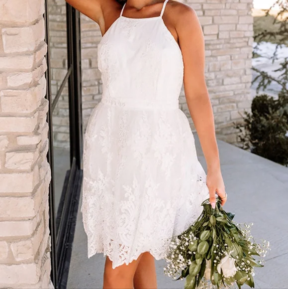 Impressions Dresses White Embroided Dress High Neckline And